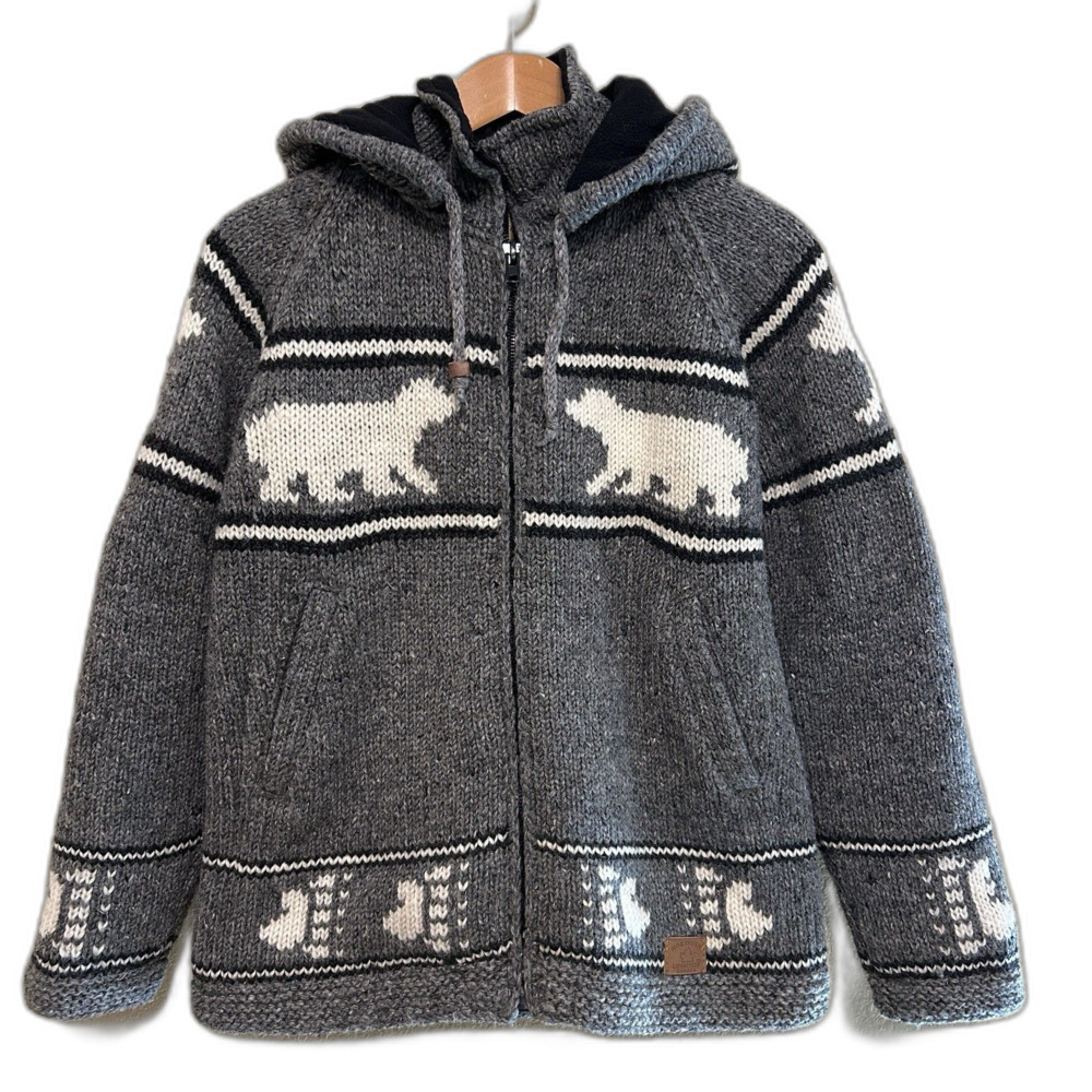 Northern Lifestyles 100% Wool Lined Sweater Coat Medium Nordic Fair Isle Bear